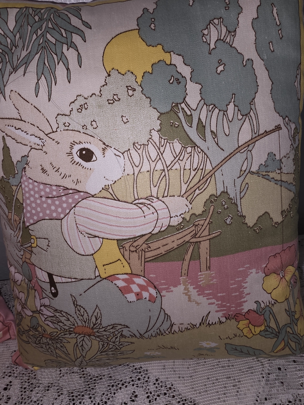 Mr. Rabbit" decorative pillow, meticulously crafted using a classic 1980s Fabric